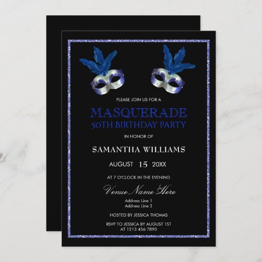 Stylish Blue Glitzer Masquerade 50. Geburtstag Einladung (Vorne/Hinten)