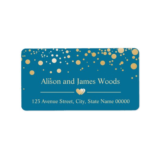 Stylish Blue Gold Confetti Dots Wedding Liebe Herz Adressaufkleber (Vorne)