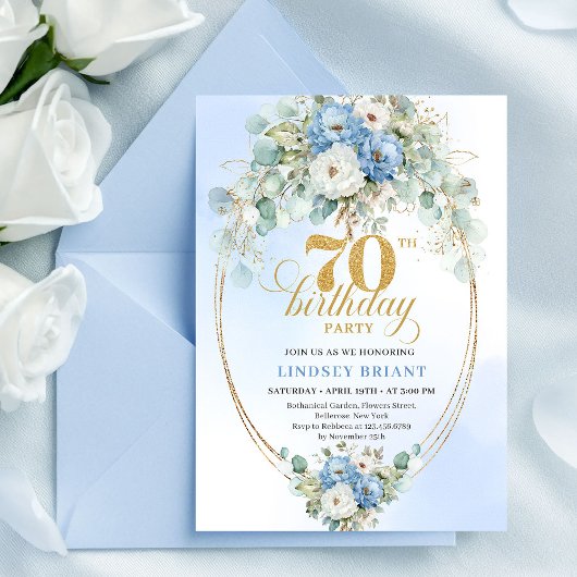 Stylish Blue Gold Floral 70th Birthday Invitation  Einladung