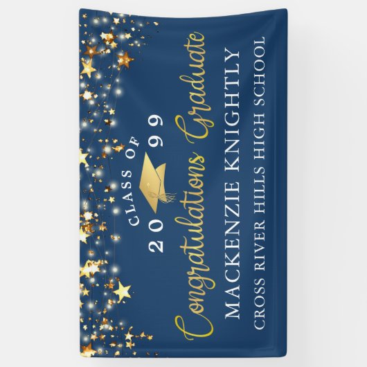 Stylish Blue Gold Script Glückwunsch Grad Stars Banner (Vertikal)