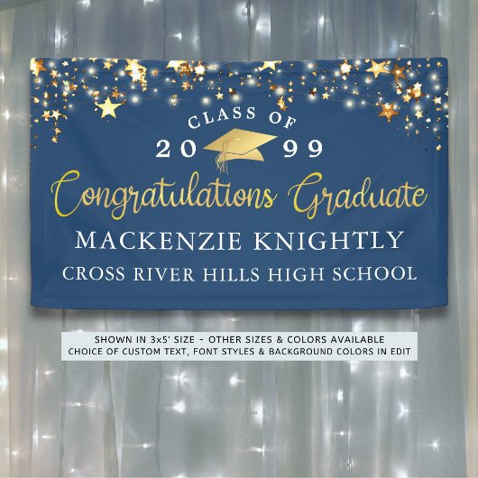 Stylish Blue Gold Script Glückwunsch Grad Stars Banner