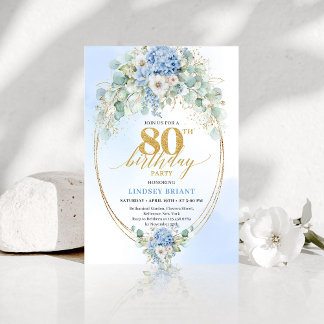 Stylish Blue Hydrangea Gold Accent 80th Birthday Einladung