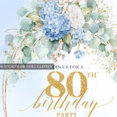 Stylish Blue Hydrangea Gold Accent 80th Birthday Einladung