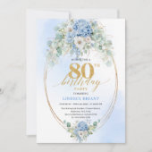 Stylish Blue Hydrangea Gold Accent 80th Birthday Einladung (Vorderseite)