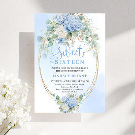 Stylish Blue Hydrangea Gold Accent Sweet Sixteen Einladung