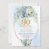 Stylish Blue Peony Gold Frame 90th Birthday Invite Einladung (Vorderseite)
