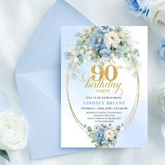 Stylish Blue Peony Gold Frame 90th Birthday Invite Einladung