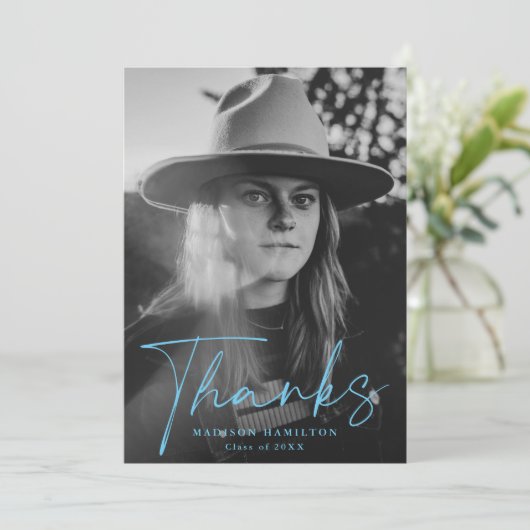 Stylish Blue Script Foto Abschluss Dankeskarte (Stehend Vorderseite)