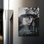 Stylish Blue Script Foto Abschluss Magneteinladung
