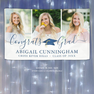 Stylish Blue Script Glückwunsch Grad 3 Foto Banner