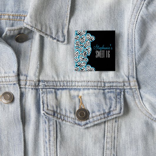 Stylish Blue Sweet 16 Zebra Herzdesign Name Button (Beispiel)