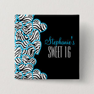 Stylish Blue Sweet 16 Zebra Herzdesign Name Button