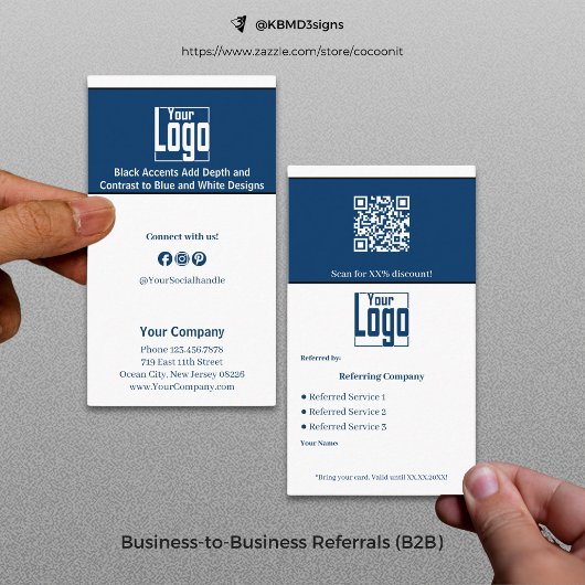 Stylish Blue White Black Services QR Code B2B Empfehlungskarte