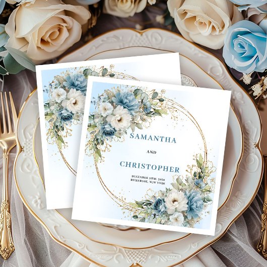 Stylish Blue White Peonies Wedding Napkins Serviette