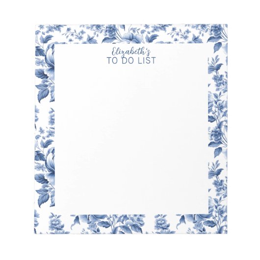 Stylish Blue White Vintage Rose Floral Notizblock (Vorderseite)