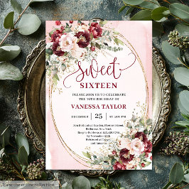 Stylish Blush Burgundy Floral Sweet Sixteen Invite Einladung