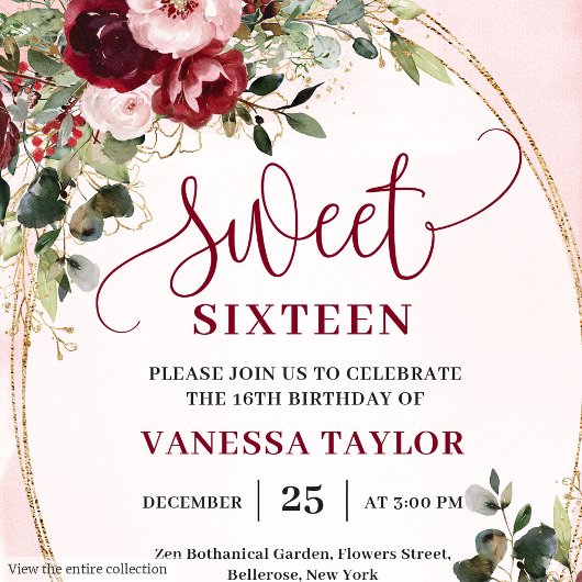 Stylish Blush Burgundy Floral Sweet Sixteen Invite Einladung