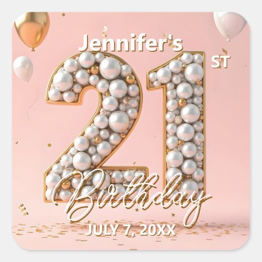 Stylish Blush Pink and Gold Pearly 21st Birthday Quadratischer Aufkleber (Vorderseite)