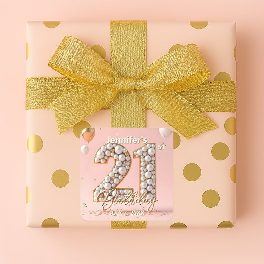 Stylish Blush Pink and Gold Pearly 21st Birthday Quadratischer Aufkleber