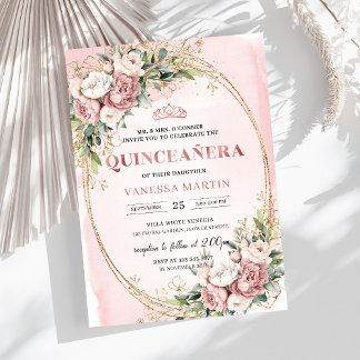 Stylish Blush Pink Floral Greenery Quinceañera  Einladung