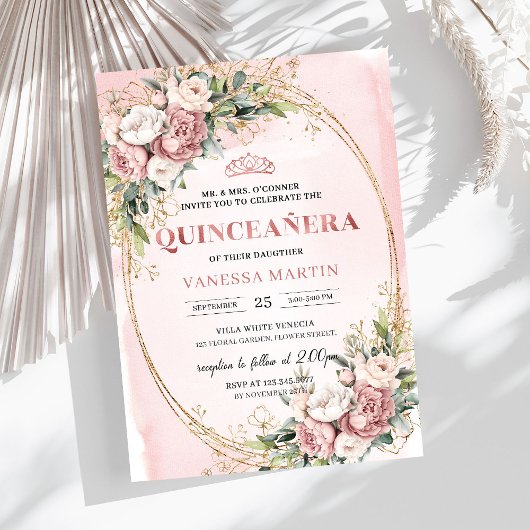 Stylish Blush Pink Floral Greenery Quinceañera Einladung
