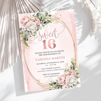 Stylish Blush Pink Floral Greenery Sweet Sixteen  Einladung