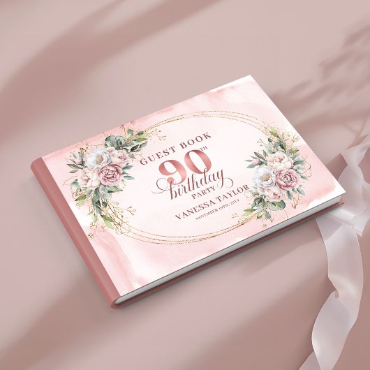Stylish Blush Pink Gold Eucalyptus 90th Birthday   Gästebuch