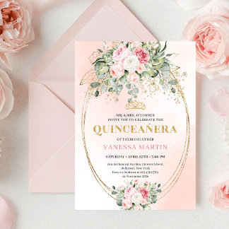 Stylish Blush Roses Greenery Quinceañera Invite Einladung