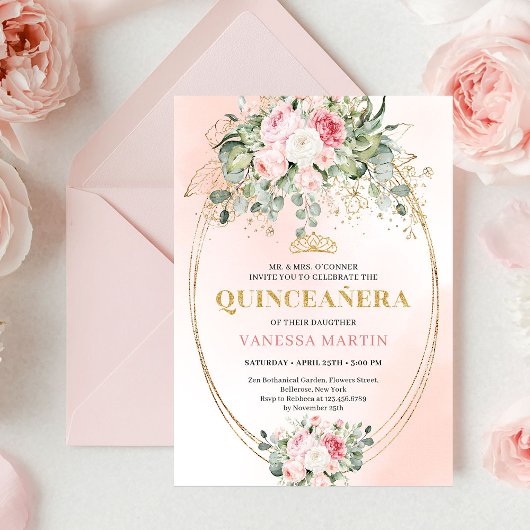 Stylish Blush Roses Greenery Quinceañera Invite Einladung