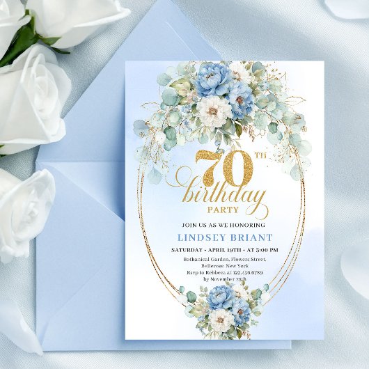 Stylish Bohemian Blue Floral Eucalyptus 70th Bday Einladung