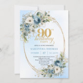 Stylish Bohemian Blue Floral Greenery 90 Birthday Einladung (Vorderseite)