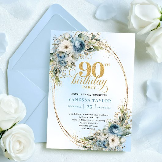 Stylish Bohemian Blue Floral Greenery 90 Birthday Einladung