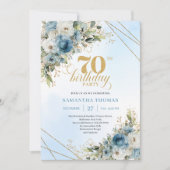 Stylish bohemian blue florals gold 70th birthday  einladung (Vorderseite)