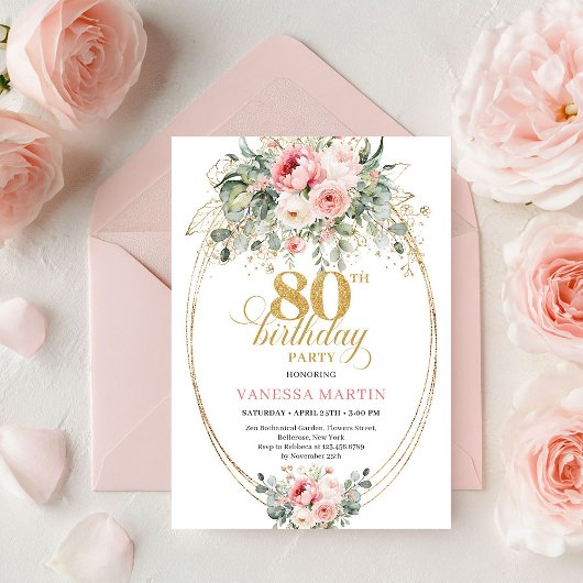 Stylish Bohemian Blush Roses 80th Birthday Invite Einladung