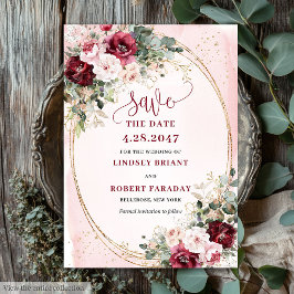 Stylish Boho Burgundy Blush Gold Floral Save date Einladung