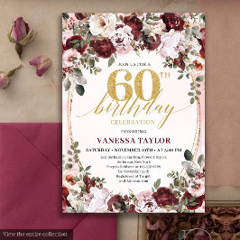Stylish Boho Burgundy Floral 60th Birthday Invite Einladung
