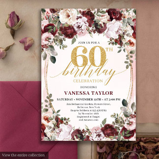 Stylish Boho Burgundy Floral 60th Birthday Invite Einladung