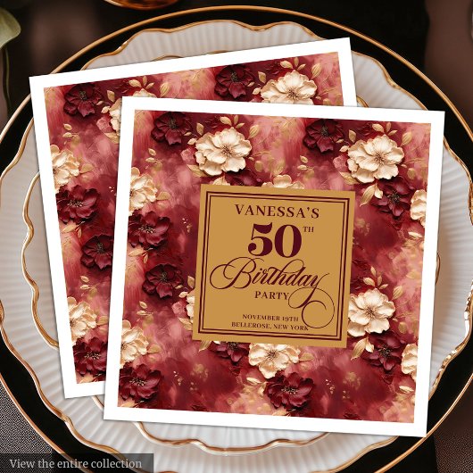 Stylish Boho Merlot Blush Gold 50. Geburtstag Serviette