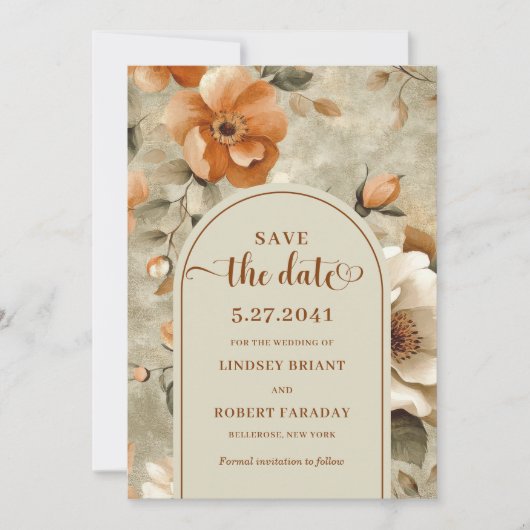 Stylish Boho Terracotta Ivory Floral Save The Date Einladung (Vorderseite)