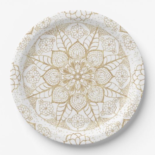 Stylish Boho White Gold Mandala Floral Pappteller (Vorderseite)