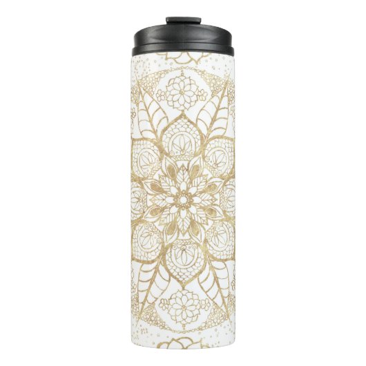 Stylish Boho White Gold Mandala Floral Thermosbecher (Vorderseite)