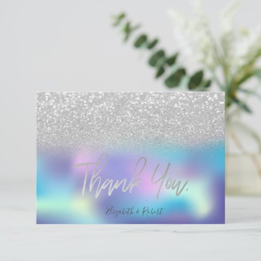 Stylish Bokeh Holographic Dankeskarte (Stehend Vorderseite)