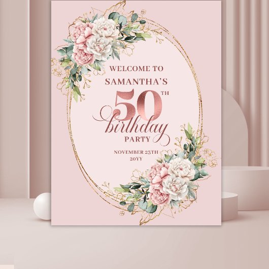 Stylish Botanical Blush 50th Birthday Backdrop Wandteppich