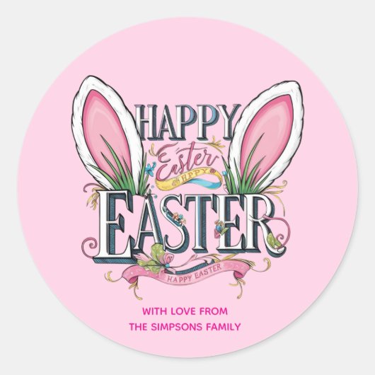 Stylish bunny ears pink Happy Easter Runder Aufkleber (Vorderseite)