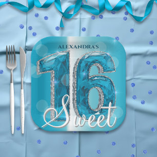 Stylish Chic Glam Blue Sapphire Gemstone Sweet 16 Pappteller