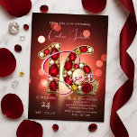 Stylish Chic Red Rose Gold Ruby Gemstone Sweet 16 Einladung<br><div class="desc">This dazzling Sweet 16 invitation is a celebration in itself, featuring a "16" sculpted from radiant ruby red jewels and lustrous pearls, creating a truly regal centerpiece. A vibrant red rose, blooming with rich detail, anchors the design. The deep maroon background, softly blurred with enchanting bokeh lights, sets an elegant...</div>