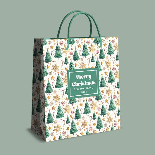 Stylish Christmas trees gift bag earthy tones Mittlere Geschenktüte