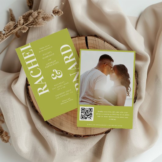 Stylish Citrus Green Typography QR Code Wedding Einladung