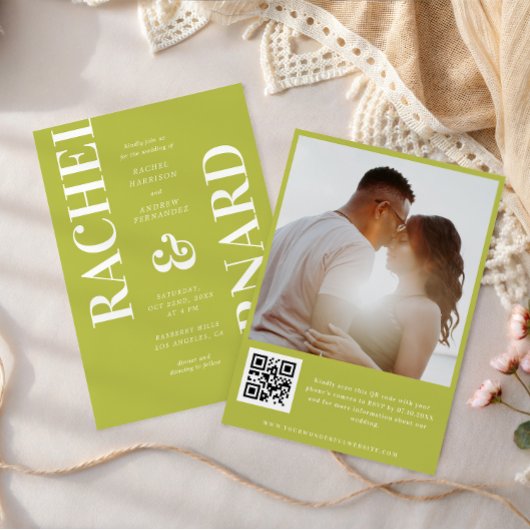 Stylish Citrus Green Typography QR Code Wedding Einladung