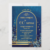 Stylish Classic Blue Gold Floral Birthday Einladung (Vorderseite)